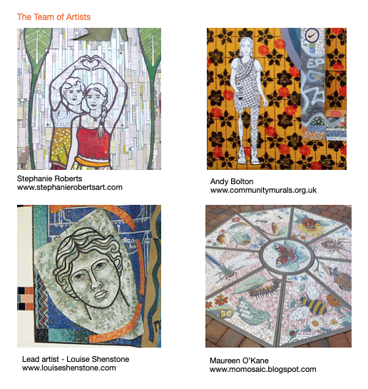 photographs of 4 artists work in mosaic