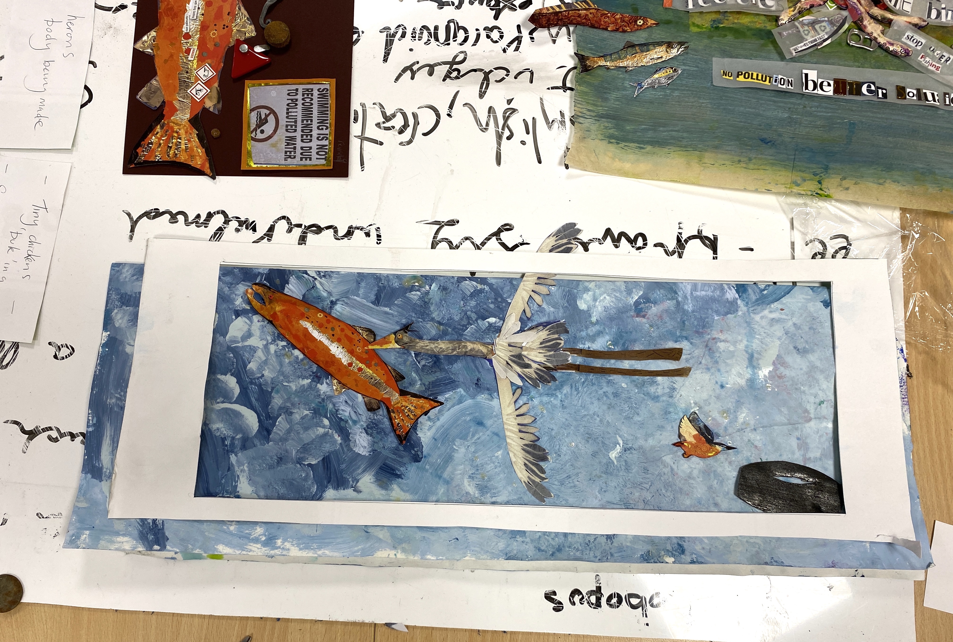 scene from a book in draft form  with a heron and a salmon