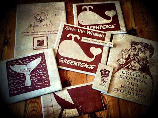 Greenpeace tiles of whales by Carrie Reichardt