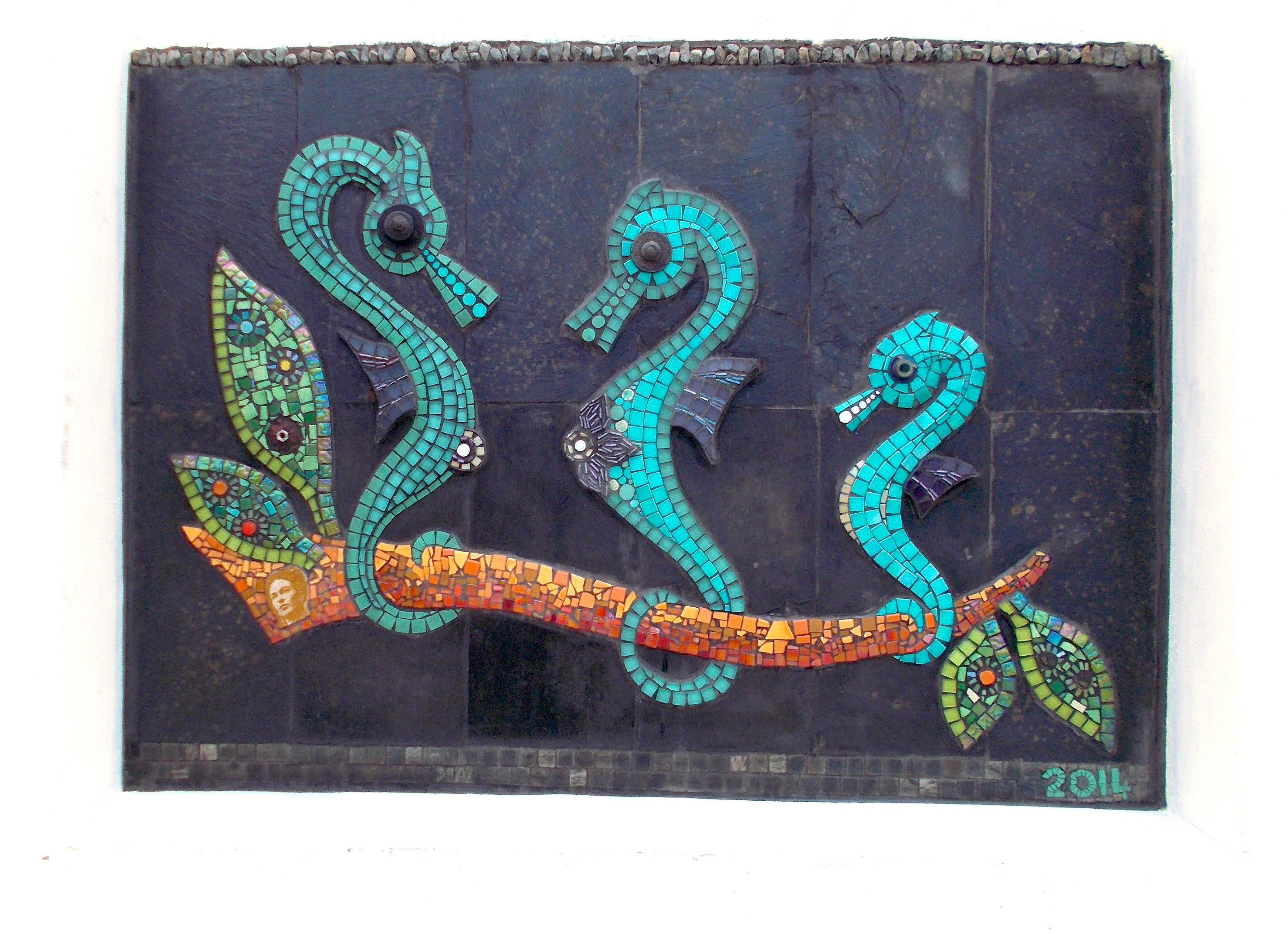 mosaic of seahorses made at a festival