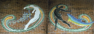 mosaic of a man and women dancing with a dolphin and fish